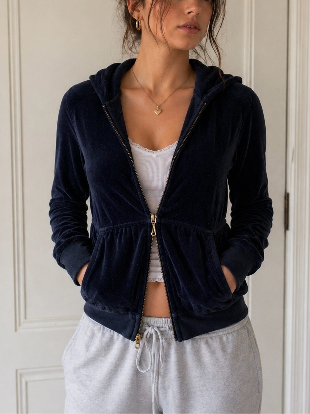 Vintage Y2K Juicy Couture Navy Velour Zip Up Hoodie